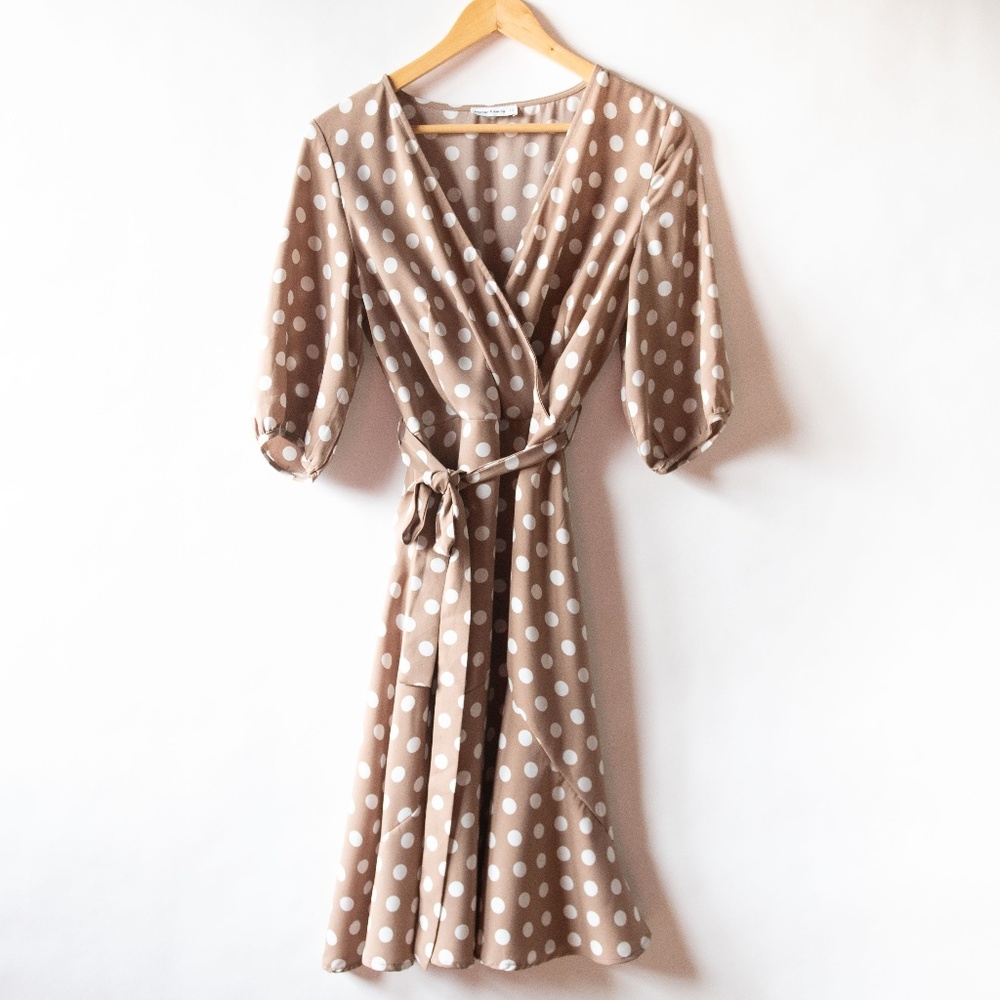 Marina Kaneva Belted Polka Dot Surplice Crossover Front Dress
